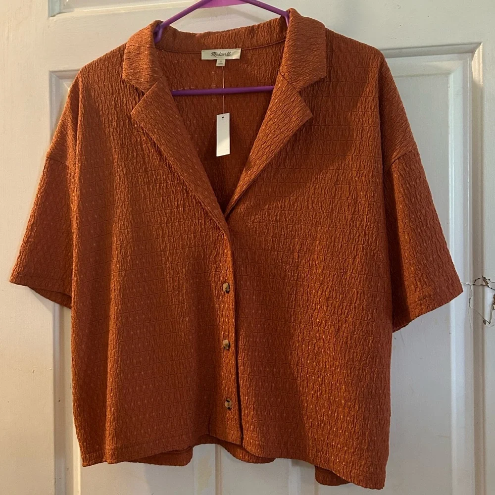 Madewell Rust Textured Short-Sleeve Button Top - Picture 1 of 2